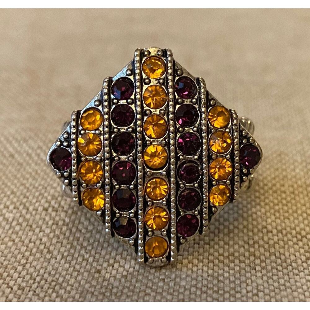 Purple and Gold Crystal Silver Stretch Ring